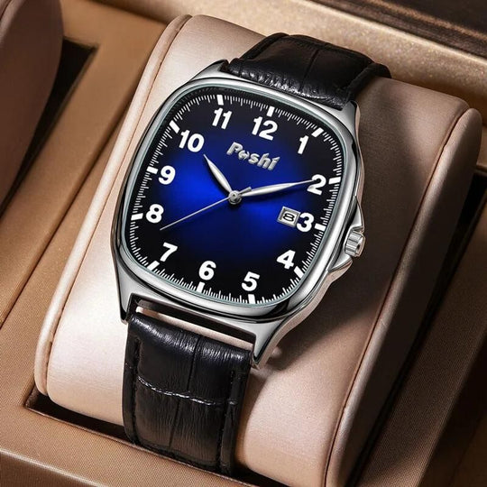 Men’s Quartz Dress Watch 41 mm | Cushion Case | Leather Strap | Date & Luminous Hands | 3 ATM