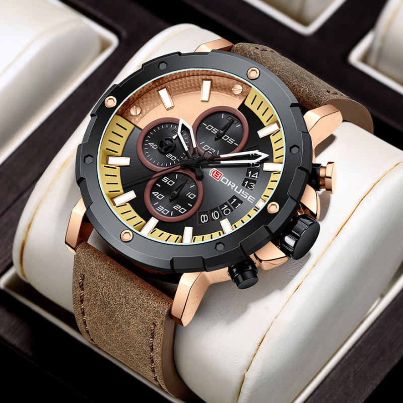 Men's Chronograph Watch 47 mm | Sport-Business Design | Leather Strap | Quartz Movement | 3 ATM Water Resistant