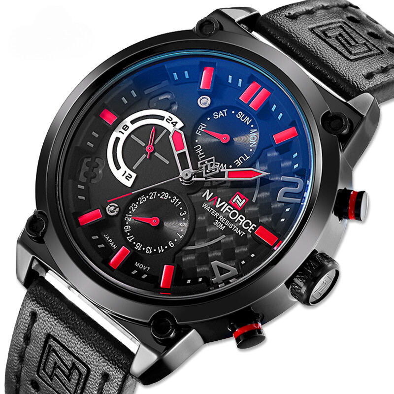 Men’s Military Sport Chronograph 48 mm | Day-Date Multi-Dial | Leather Strap | 3 ATM