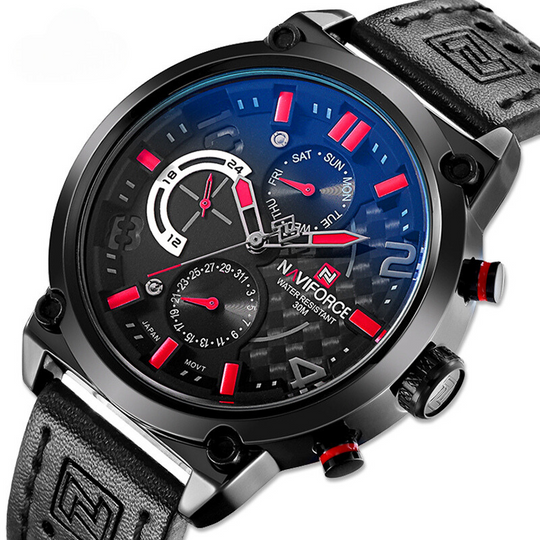 Men’s Military Sport Chronograph 48 mm | Day-Date Multi-Dial | Leather Strap | 3 ATM