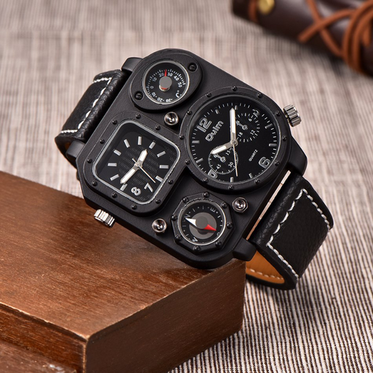 Men’s Tactical Dual-Time Watch 51 mm | 4 Dials with Compass & Thermometer | Leather Strap