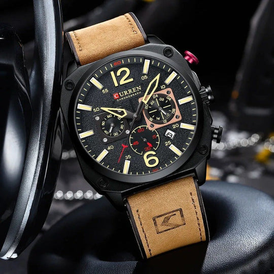 Men’s Chronograph Quartz Watch | 44 mm Case | Leather Strap | 3 ATM Water Resistant | Date