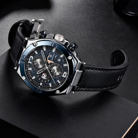 Men’s Luxury Sport Chronograph Watch | Quartz | 45 mm Case | Leather Strap | 3 ATM