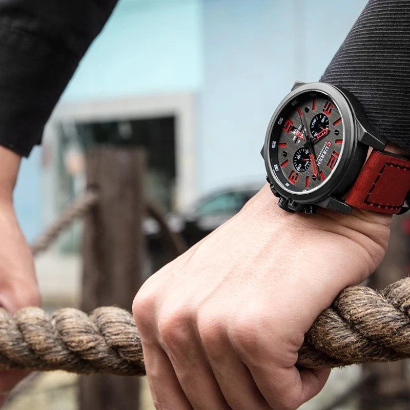 Men’s Sport Chronograph Quartz Watch | 45 mm Case | Date Display | 3 ATM WR | Leather Strap