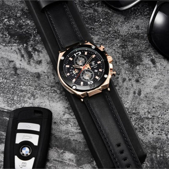 Men’s Luxury Sport Chronograph Watch | Quartz | 45 mm Case | Leather Strap | 3 ATM