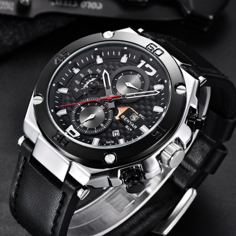 Men’s Luxury Sport Chronograph Watch | Quartz | 45 mm Case | Leather Strap | 3 ATM