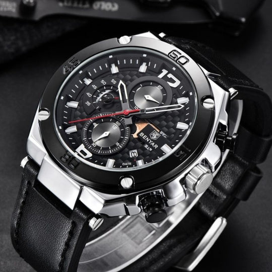 Men’s Luxury Sport Chronograph Watch | Quartz | 45 mm Case | Leather Strap | 3 ATM