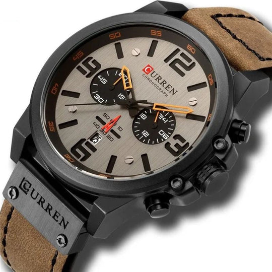 Men’s Sport Chronograph Quartz Watch | 45 mm Case | Date Display | 3 ATM WR | Leather Strap