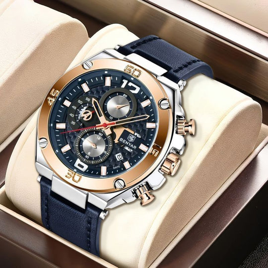 Men’s Luxury Sport Chronograph Watch | Quartz | 45 mm Case | Leather Strap | 3 ATM