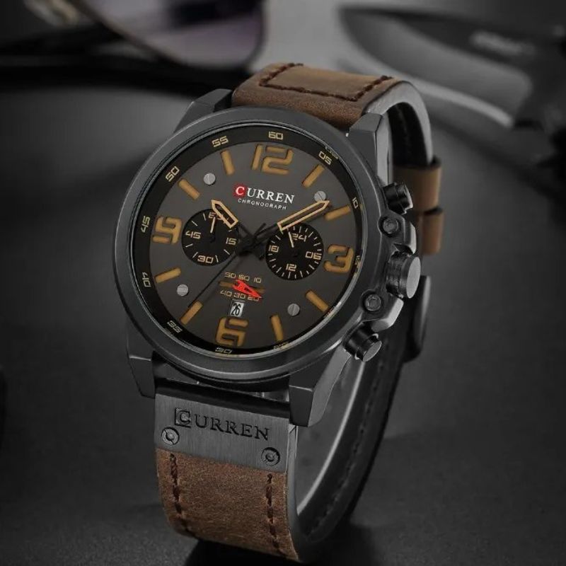 Men’s Sport Chronograph Quartz Watch | 45 mm Case | Date Display | 3 ATM WR | Leather Strap