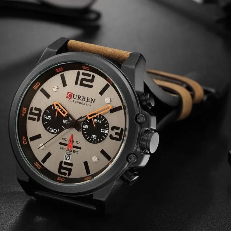 Men’s Sport Chronograph Quartz Watch | 45 mm Case | Date Display | 3 ATM WR | Leather Strap