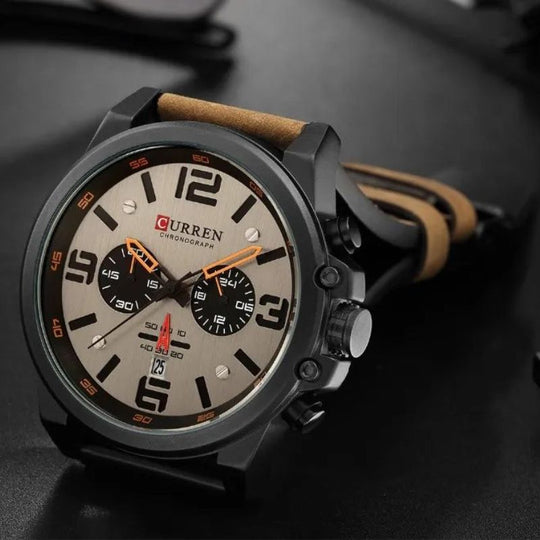 Men’s Sport Chronograph Quartz Watch | 45 mm Case | Date Display | 3 ATM WR | Leather Strap