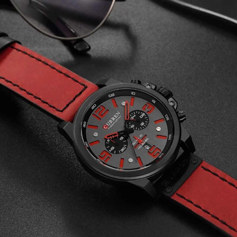 Men’s Sport Chronograph Quartz Watch | 45 mm Case | Date Display | 3 ATM WR | Leather Strap