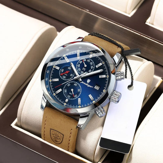 Men’s Chronograph Watch | Tachymeter Bezel | 44 mm Case | Leather Strap | 3 ATM