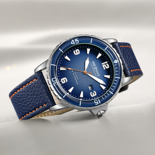 Men’s Sports Watch 44 mm | Quartz & Date | Leather Strap | Luminous Hands | 3 ATM