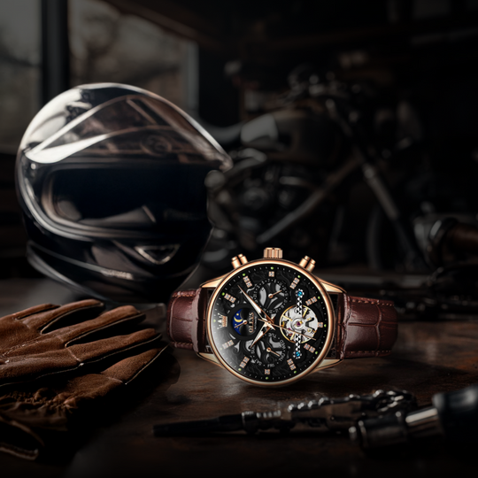 Men’s Automatic Moonphase Skeleton Watch | 42 mm | Leather Strap | Date & Multi-Function Display