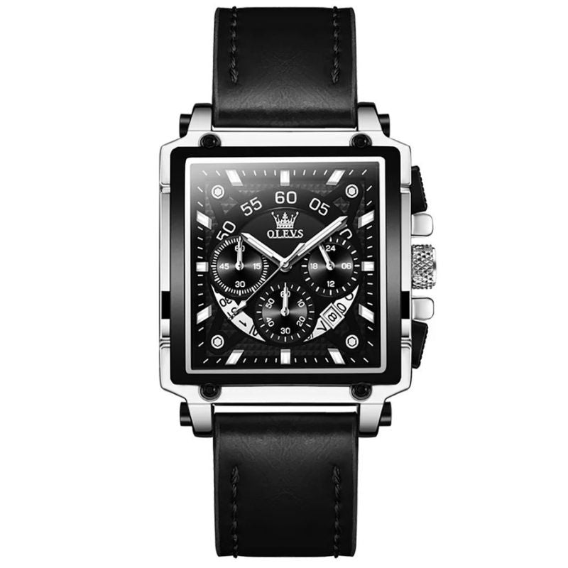 Men’s Luxury Square Chronograph Watch | 45 mm Case | Leather Strap | 3 ATM Water-Resistant