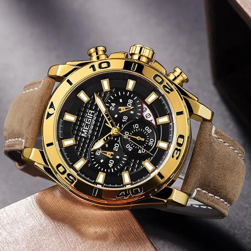 Men’s Luxury Sport Chronograph 48 mm | Gold Bezel Diver-Style | Black Dial | Leather Strap | Quartz & Date | 3 ATM