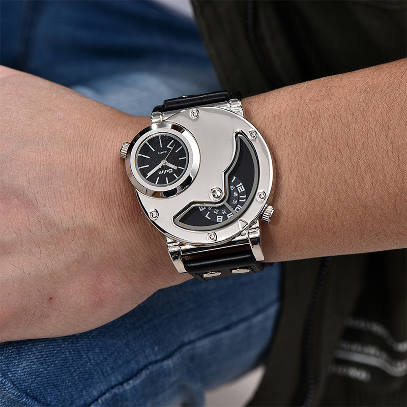 Men’s Multi-Time-Zone Quartz Watch 49 mm | Asymmetric Dual Display | Leather Strap