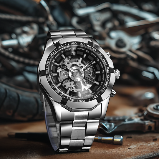Automatic Skeleton Stainless Steel Watch | 45 mm | Tachymeter Bezel | 3 ATM Water Resistant