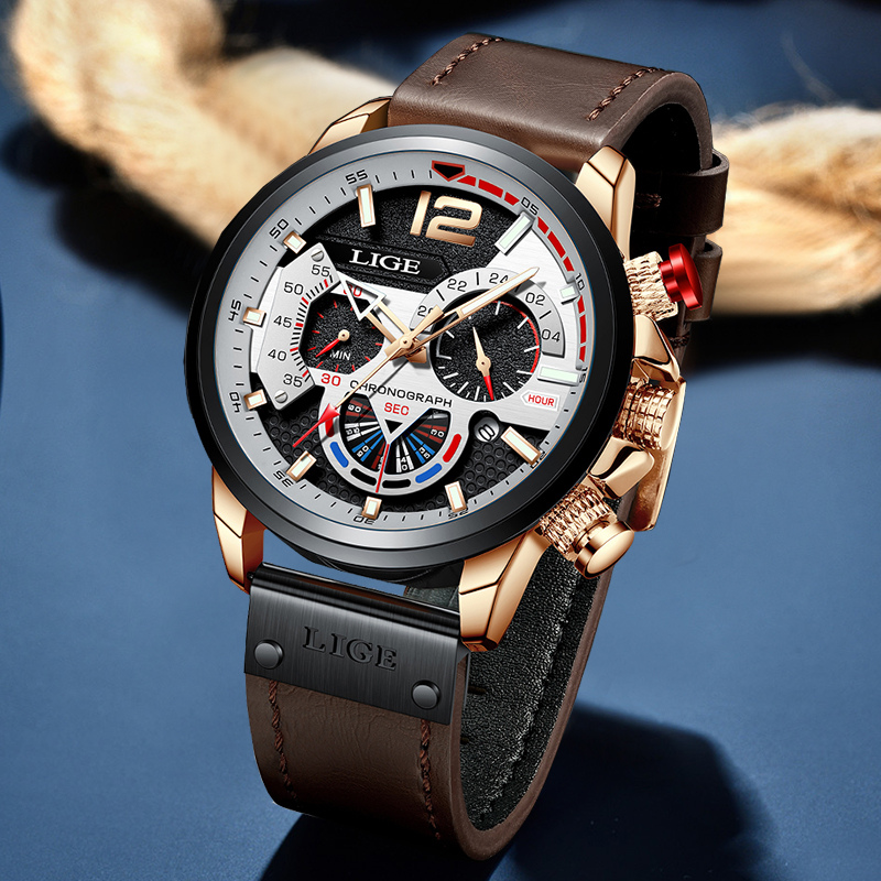 Men’s Rugged Chronograph Watch | 53 mm Case | Brown Leather Strap | Rose-Gold Accents | 3 ATM Water Resistant