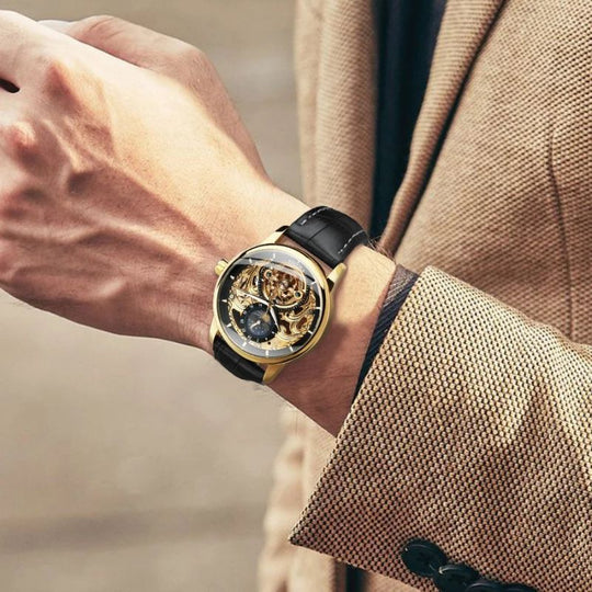 Men’s Premium Skeleton Automatic Watch | 42 mm Case | Moonphase Display | Leather Strap