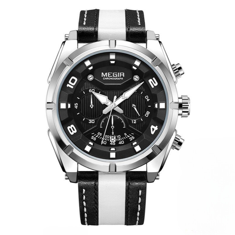 Men’s Military Sport Chronograph Watch 47 mm | Quartz Movement | Leather Strap | 3 ATM Water Resistant