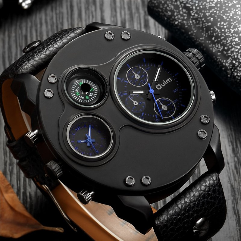 Men’s Tactical Dual-Time Watch 53 mm | 4-Dial Design with Compass & Thermometer | Leather Strap