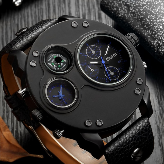 Men’s Tactical Dual-Time Watch 53 mm | 4-Dial Design with Compass & Thermometer | Leather Strap