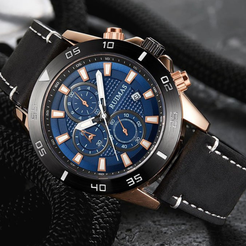 Men’s Chronograph Watch 46 mm | Sporty Quartz Tachymeter | Leather Strap | Date | 3 ATM
