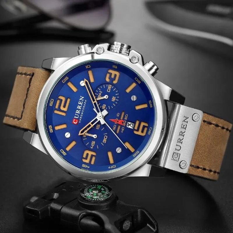 Men’s Sport Chronograph Quartz Watch | 45 mm Case | Date Display | 3 ATM WR | Leather Strap