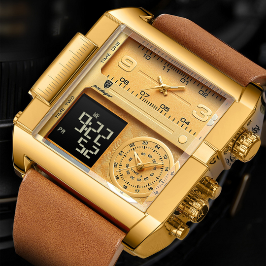 Men's Luxury Analog-Digital Dual Time Watch | 51 mm Square Case | Leather Strap | Calendar & Backlight | 3 ATM