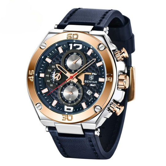 Men’s Luxury Sport Chronograph Watch | Quartz | 45 mm Case | Leather Strap | 3 ATM