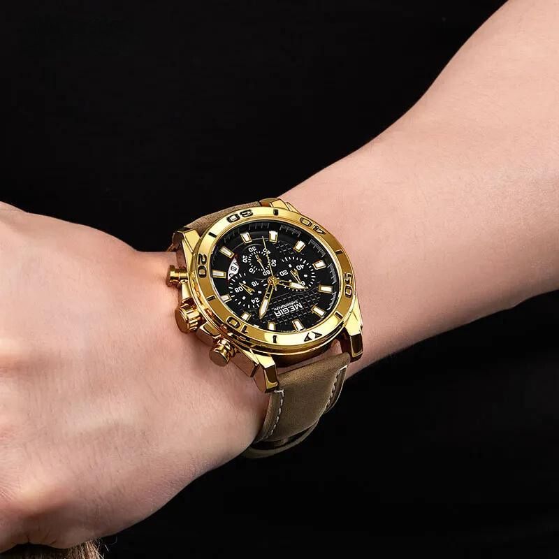 Men’s Luxury Sport Chronograph 48 mm | Gold Bezel Diver-Style | Black Dial | Leather Strap | Quartz & Date | 3 ATM