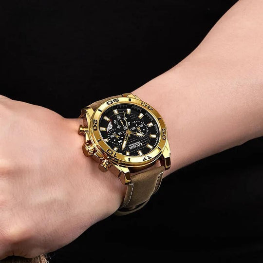 Men’s Luxury Sport Chronograph 48 mm | Gold Bezel Diver-Style | Black Dial | Leather Strap | Quartz & Date | 3 ATM
