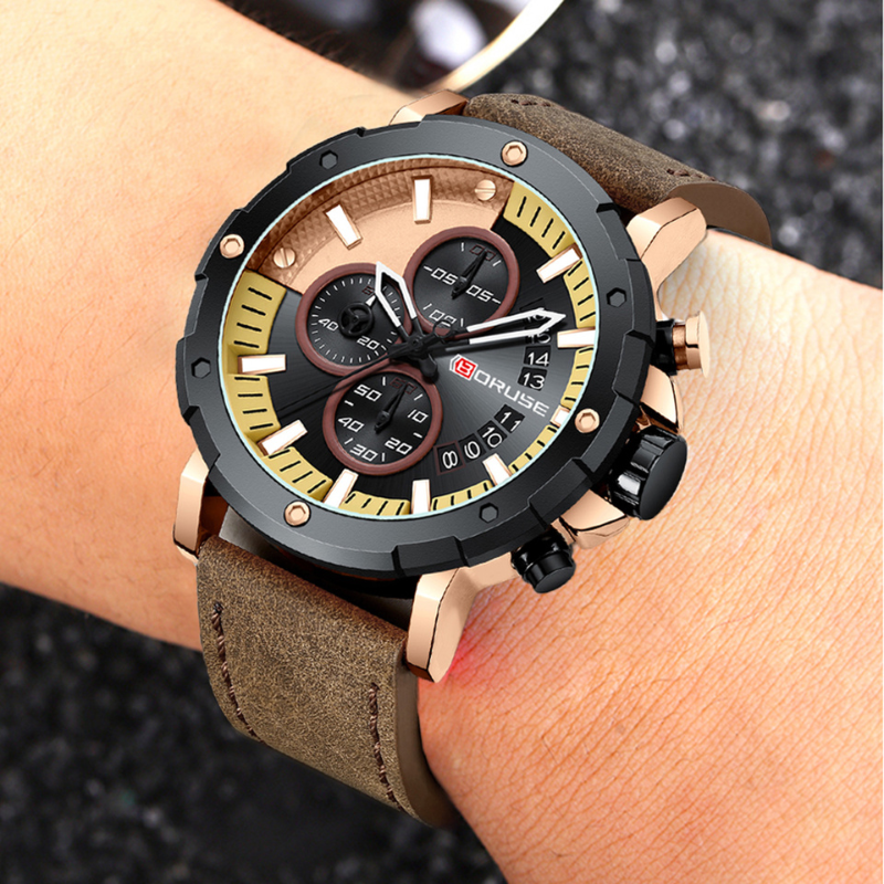 Men's Chronograph Watch 47 mm | Sport-Business Design | Leather Strap | Quartz Movement | 3 ATM Water Resistant