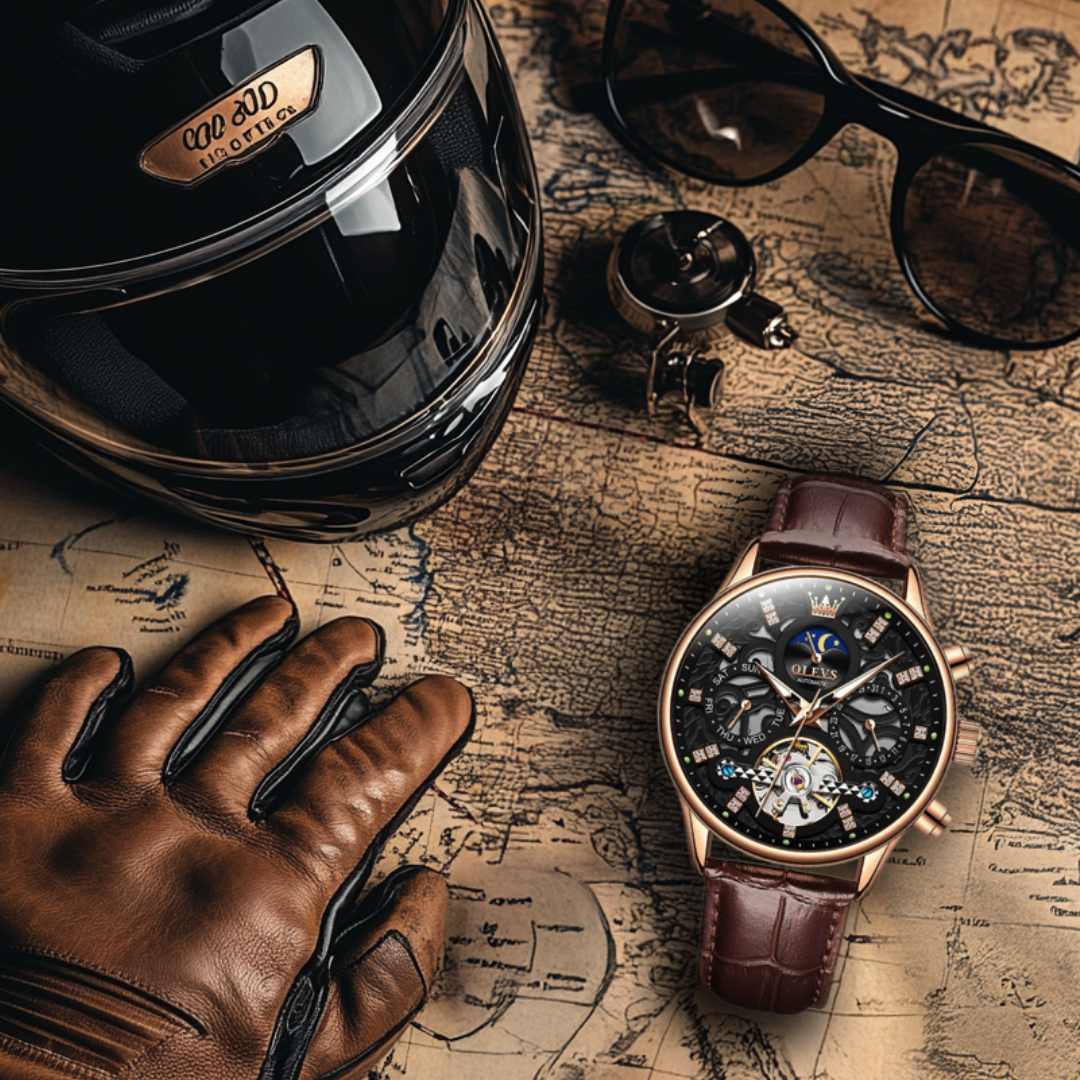 Men’s Automatic Moonphase Skeleton Watch | 42 mm | Leather Strap | Date & Multi-Function Display