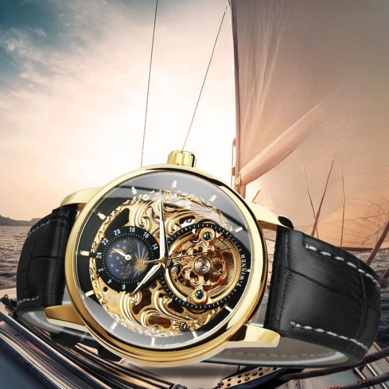 Men’s Premium Skeleton Automatic Watch | 42 mm Case | Moonphase Display | Leather Strap