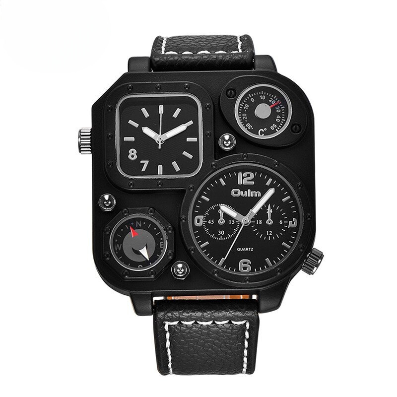 Men’s Tactical Dual-Time Watch 51 mm | 4 Dials with Compass & Thermometer | Leather Strap