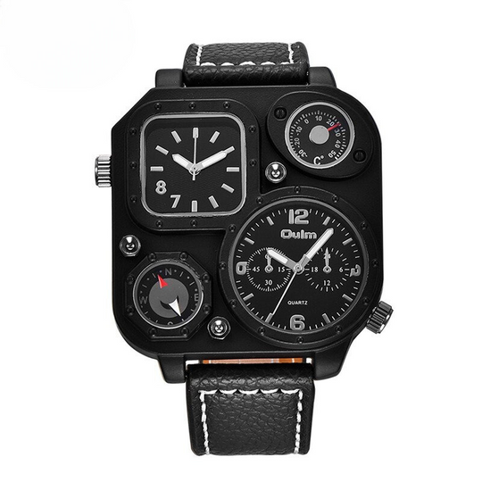 Men’s Tactical Dual-Time Watch 51 mm | 4 Dials with Compass & Thermometer | Leather Strap