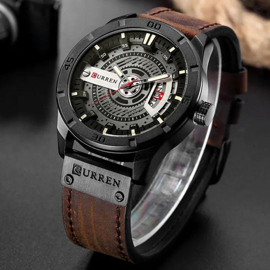 Men's Military Sport Quartz | 45 mm | Brown/Gray Leather | 3 ATM Water Resistant
