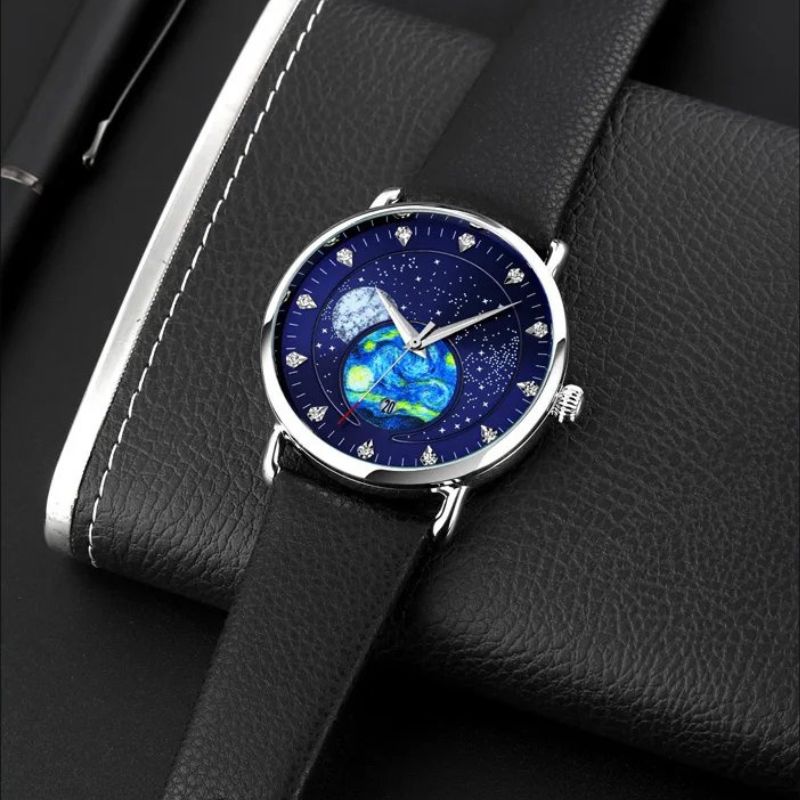 Unisex starry-sky quartz watch | 43 mm case | mesh steel strap | calendar | 3 ATM water resistant