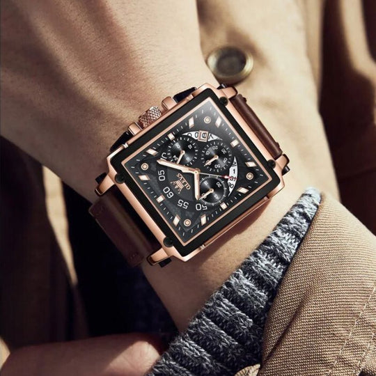 Men’s Luxury Square Chronograph Watch | 45 mm Case | Leather Strap | 3 ATM Water-Resistant