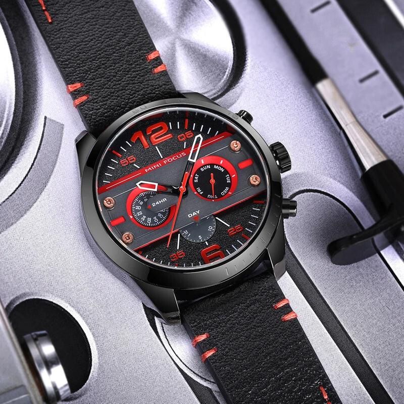 Men’s Quartz Chronograph Watch 48 mm | Leather Strap | Sport/Business Style | 3 ATM Water Resistant