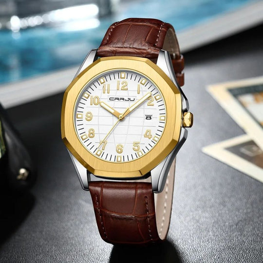 Men’s Classic Quartz Watch 42mm | Date Display | Leather Strap | 3ATM Water-Resistant Business Style