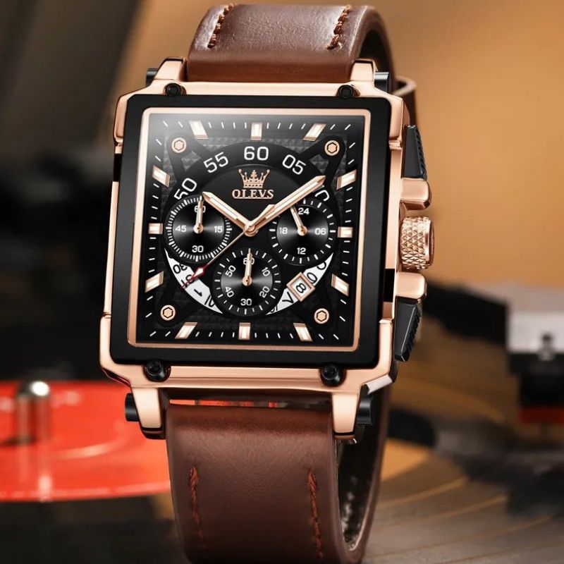 Men’s Luxury Square Chronograph Watch | 45 mm Case | Leather Strap | 3 ATM Water-Resistant
