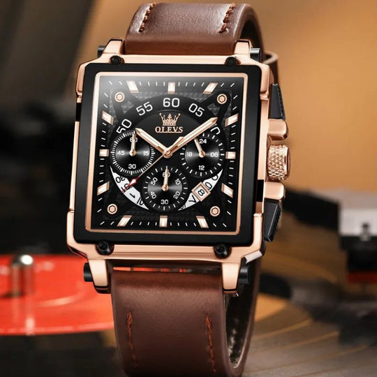 Men’s Luxury Square Chronograph Watch | 45 mm Case | Leather Strap | 3 ATM Water-Resistant