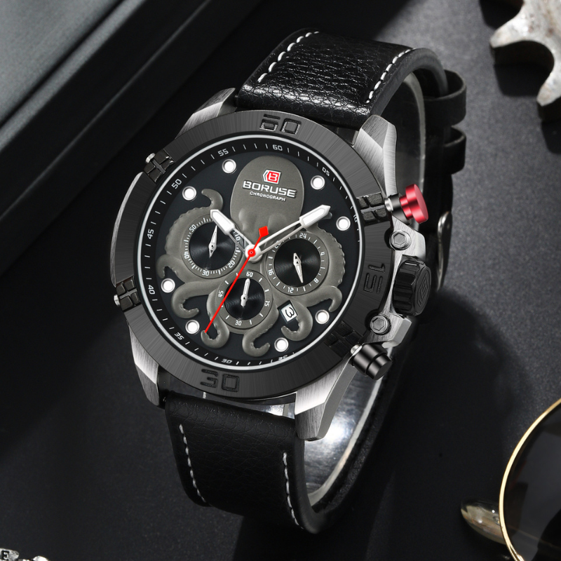 Men’s Sport Chronograph 48 mm | Quartz, Date & Week Display | Leather Strap | 3 ATM