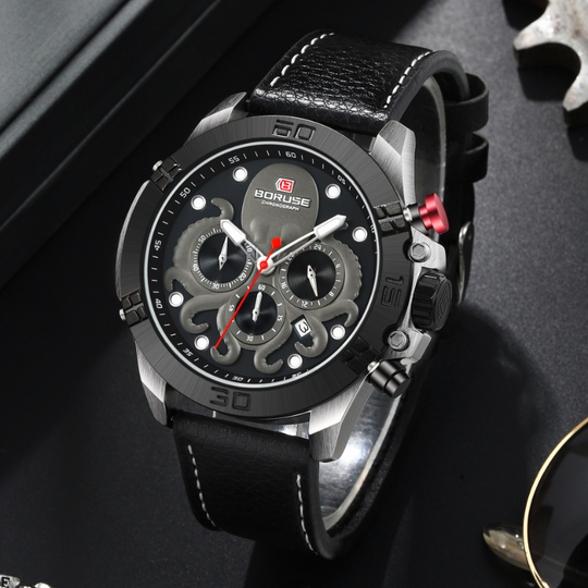 Men’s Sport Chronograph 48 mm | Quartz, Date & Week Display | Leather Strap | 3 ATM