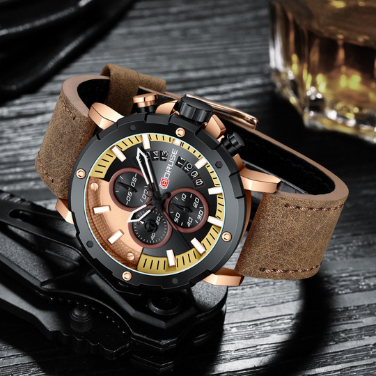 Men's Chronograph Watch 47 mm | Sport-Business Design | Leather Strap | Quartz Movement | 3 ATM Water Resistant